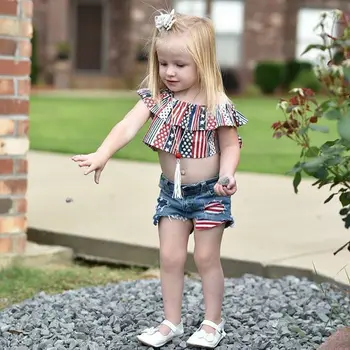 Lapsed tüdrukute riiete komplekt-Ameerika Lipu tähed muster top ruffled varrukateta särk, pael + auk, lohk välja denim jeans lühikesed püksid