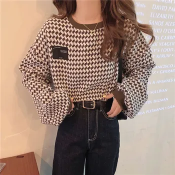 Houndstooth Silmkoelised O Kaelus Pikk Varrukas Pulloverid Kevad Sügis Kudumise Dressipluus Naiste Mood Vintage Tops 2021 Uus Ülerõivad