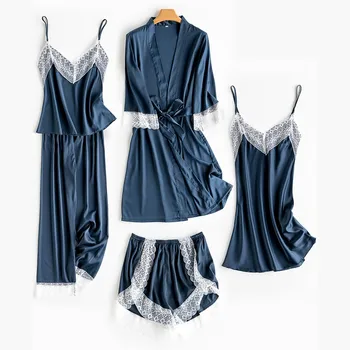 5TK Rüü Set Sleepwear Satiin Naiste Vabaaja Kimono Hommikumantel Kleit Nightgowns Pulmakleidid Kingitus Seksikas Nightwear Intiimne Pesu