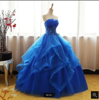 Vestido De Festa 2020 royal blue ball kleit tanssiaiset kleidid ruffled pits appliques beaded kristallid ballile hommikumantlid printsess kõnniteed kleit