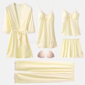 5TK Magada Set Seksikas Pidžaama Ülikond Naiste Vabaaja Nightgowns Pits Kodus Riideid Satiin Sleepwear Nightwear V-Kaeluse Intiimne Pesu