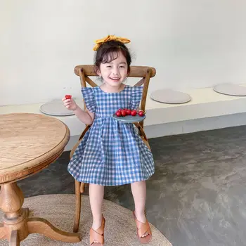 Korea stiilis armas casual varrukateta kleidid baby tüdrukud, suvi puuvill backless ruuduline kleit