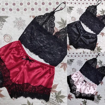 Naiste Sexy Satiin Lingerie Aluspesu Komplektid Nightwear Sleepwear Silk Pael Tahked Värvi Pits Komplekti