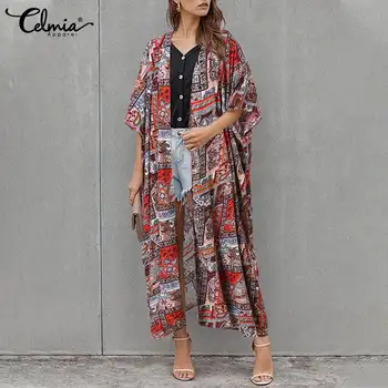 2021 Celmia Bohemian Naiste Lilleline Trükitud Kimono Suvel Rannas Kampsun, Pikk Särgid Avatud Esiosa Poole Varrukaga Pluus Tops Vöö