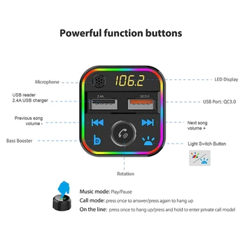 Bluetooth-5.0 autokomplekt Vabakäeseadmega FM-Saatja Stereo Audio Vastuvõtja QC3.0, Kiire Laadimine Auto Laadija koos Üks Võti Bass