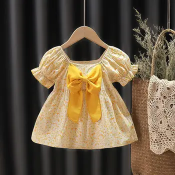 Suvel Puuvillane Baby Girl Dress Sünnipäeva Printsess Lühikesed Puhvis Varrukad Õie Suur Vibu Vabaaja-line Lapsed Väikelapse Riideid