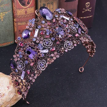 Barokk Vintage Kristall-Lill Morsiamen Tiaras Suur Kroonid Naiste Lilla Rhinestone Kõnniteed Royal Queen Diadem Pulmad Juuksed Tarvikud
