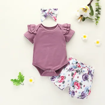 Baby baby baby suvel tähestik tahked värvi lühikeste varrukatega riided romper + lilled leopard lühikesed püksid laste riided