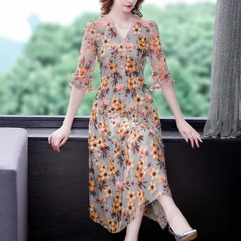 2021 suvel moe temperament Naiste V-kaeluse poole varruka flower print Vintage Kleit, Elegantne Kleidid Vestido
