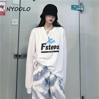 NYOOLO Sügisel Streetwear Vintage lihtne tähed prindi pikk varrukas T-särk, naiste, meeste Vabaaja lahtine O-kaeluse hip-hop tops tee