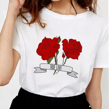 Vintage Tõeline Armastus Rooside t-särk Naistele Pehme puuvillane t-särk harajuku Flower Print graphic tees sõbrapäeva naiste valge tops