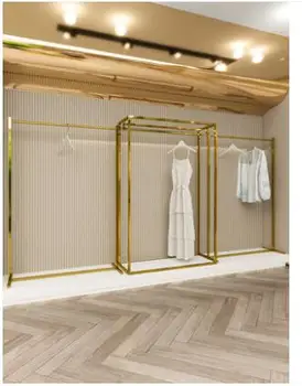 Kuldne rõivapood display rack roostevabast terasest multi-function display laeni naiste riietus store harjatud riietada