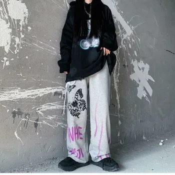 Naiste Gooti Streetwear Lai Jalg Püksid Naiste Harajuku Goth Graffiti Lahti Püksid Prindi Sörkimine Sweatpants Naiste Vabaaja Püksid