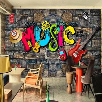 Nostalgiline Retro graffiti kitarri muusika teema rock studio 3D tapeet baar KTV klubi indust decor seinamaaling tapeet de papel parede
