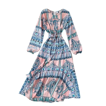 Naiste Kevad-Sügis Kleit Retro Prindi Muster ümber Kaela Pikkade varrukatega Kleit Uus Talje Pits Ruffled Naiste Kleidid QX952