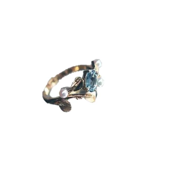 [Mere Armastan] S925 Sterling Silver Akvamariin Ringi Gemstone Rõngad Inkrusteeritud Akoya Pearl Avatud Suu Peen