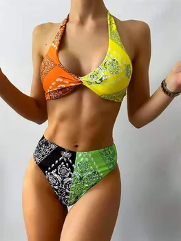 Seksikas Prindi Segast Bikinis 2021 Mujer Õie Ujumistrikoo Kõrge vöökoht Supelrõivad Naiste Bandeau Push up trikoo Sport rannas kanda