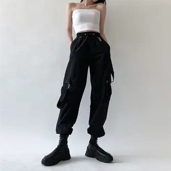 Naiste mood Harajuku stiilis Püksid Must äravõetav tunked naiste elastne vöökoht Street casual püksid multifunktsionaalne püksid