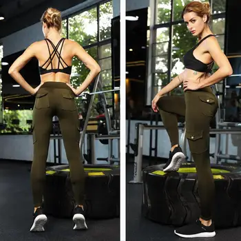 Tahke Armee Roheline Jooga Püksid, Mille Taskud Sport Säärised Fitness Naiste Püksid Jõusaali Riideid Koolitus Töötab Compression Põlvikud