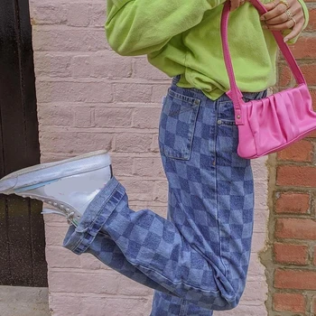 2021 naiste Vabaaja teksad Talvel Ruuduline kõrge vöökoht sirge toru näitab, õhuke lai jalg teksad kõik-match Püksid Streetwear