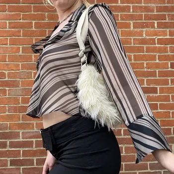 Triibuline Naiste Pluus Särgid 2021 Sügis Pikk Varrukas, V-Kaelus Mantel Seksikad Pluusid Black High Street Fashion Saagi Tops Femme
