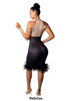 Sädelevat Kive Seksikas Bodycon Kleit Naised Maha Õla Sulg Disain Mantel Kleit Elegantne Kõrge Kaelusega Midi Vestido