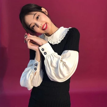 Kpop Korea 2021 Suvel Uus Seksikas Kootud Nukk Krae Pikk Varrukas Kleidid Naiste Poole Vintage Elegantne Must Võltsitud Kahe-Line Kleit