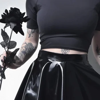 Naiste 2021 Seksikas Tahked Värvid Must Plisseeritud Seelik Gooti Riided Gooti Pu Nahast Mini Seelikud Suvel Goth Punk Slim Streetwear