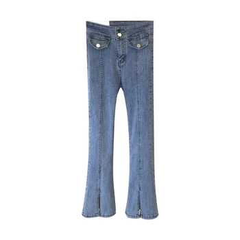 2021 Kevadine Vintage Korea Stiilis Kõrge Vöökoht Õhuke Denim Jeans Naiste Riietus Puuvillane Elastne Pilu, Pikk Põletatud Püksid