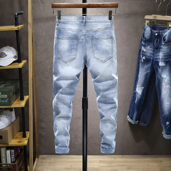Meeste Segast Augud Ripitud Teksad Streetwear Plaaster Disain Stretch Denim Pliiats Püksid helesinine Õhuke Püksid