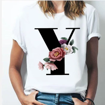 Vogue 26 tähestiku täht naiste T-särk Tüdruk A-Z Tähtede kombinatsioon lilled Lühikesed Varrukad vabaaja korea Stiilis Topid,Tilk Laeva