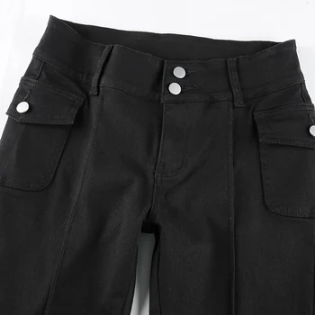 Esteetika Slim Madal Vöökoht Põletatud Püksid Vintage Taskud Tahke Y2K Püksid Sügis 90s Mood Mustad Püksid