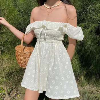 2021 Suvel Valge Lill Beach Kleit Naine Puhvis Varrukad Slash Krae Ruffled Daisy Tikitud Plisseeritud Kleidid Elegantne Vintage