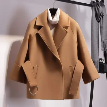 Abrigo de lana corto para mujer, chaqueta con cinturón, mitteametlik, a la moda, Värv sólido, holgado, caqui, 2021