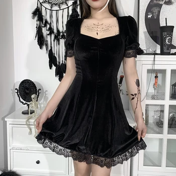 InsGoth Vintage Lace Must Kleit Seksikas Goth Kõrge Vöökoht Mini Kleit Esteetiline Elegantne Lühike Varrukas Joonega Kleit Partei Klubi Kandma