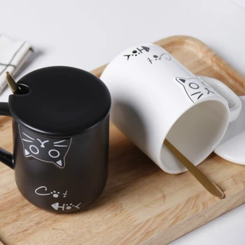 380ML armas multikas kass piima kruus loominguline must ja valge mood hommikusöök tass kaanega lusikas paar kruus mood kohvi tassi