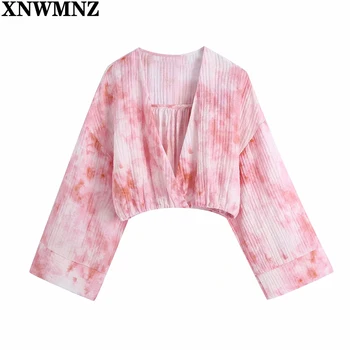 XNWMNZ Naiste Vintage V-Kaeluse Roosa Seotav Värvitud Trükkimine Lühike Smock Pluus Naine Kimono Särk Stiilne Slim Blusas Daamid Saagi Tops