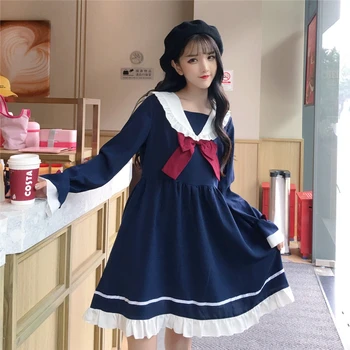 Jaapani Suvel Tüdruk Cartoon Sinine Valge Madrus Krae Kleidid Kooli Ühtne Tüdrukud Preppy Armas Lips Lühikesed Varrukad Casual Kleit