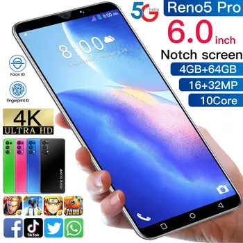 Uus Reno5 pro Nutitelefoni 6.0 tolline Ekraan MTK6889 Android 10.0 Dual Sim Kaardid Ootere cellphone16MP+32MP 4+64GB mobilephone