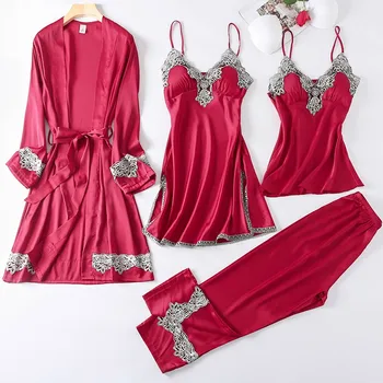 Roosa Pits 4TK Sleepwear Naiste Uus Pidžaama Komplekt Faux Siidist Kimono Kleit Naiste Kleit Sobiks Vabaaja Pijamas Sobiks Vabaaja Siserõivad