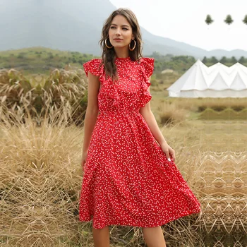 2021 Uus Suvi Dot Print Kleit Naiste Vabaaja Liblikas Varruka Ruffles Keskmise Pikk Sifonki Kleit