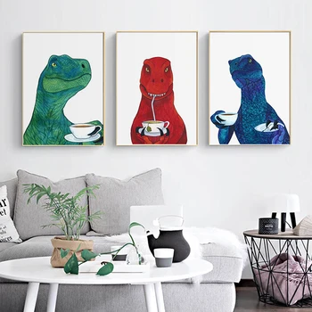 Naljakas Dinosaurus Kohvi-Art Print Lastetoa Seinale Plakati, Lõuend Maali Humoorikas Loomade Pildid Köök Kids Room Decor