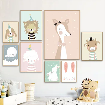 Lõuend Maali Multikas Loomade plakat Küülik lehm, lõvi, kaelkirjak kass koer seina art pilt baby laste tuba Home Decor