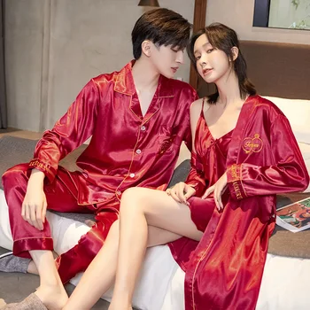 Suvel Paar Kimono Pidžaama Faux Siidist Meeste Pikk Varrukas Püksid Sleepwear Ja Naiste Tikandid Riideid Komplekti