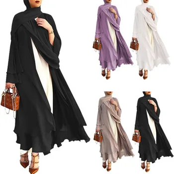 Naiste Moslemi Pikad Varrukad Flowy Maxi Kampsun, Islami Ava Ees Kimono Abaya Rüü Türgi Seal Kaftan Tahked Värvi Vöö Lahti Dubai