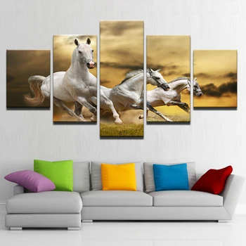 Wall Art 5 Tükki, Pildid, HD Prints Valge Hobuse Töötab Rohumaa, Lõuend Maalid Loomade Plakatid Home Decor Raamistik