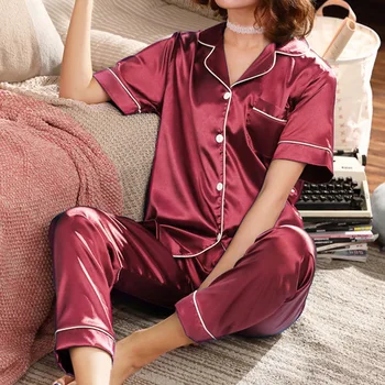 Lühikesed Varrukad Siidist Pidžaama Kevadel Naiste Suvel Pajama Komplekti Silk Pijama Sleepwear Pidžaamad Pluss Suurus 4XL 5XL Nightwear Komplekt
