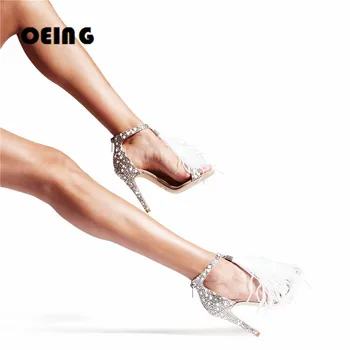 Suvel Naiste Ehtne Nahk Sandaalid Sulgedest Tutt Kõrged Kontsad Pumbad Kid Suede Crystal Kaunistatud Sandaalid Pool Kleit Kingad