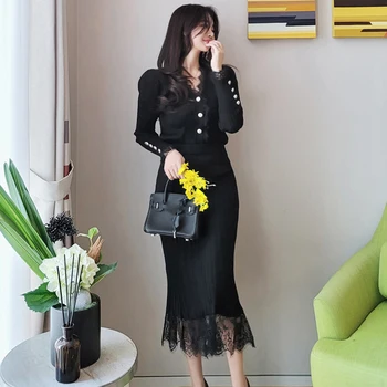 Naine Koo Kampsun Sobib Must Kootud Pits Seelikud Talvel 2-Osaline Komplekt Kevad Sügis Elegantne Mood Slim Kniting Ülikond