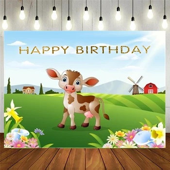 Fotograafia Taustaks Multikas Loomade Farm Lehm Laudas Rohtu Sünnipäeva Laps Laps Photozone Pere Tulistada Plakat, Foto Taustal